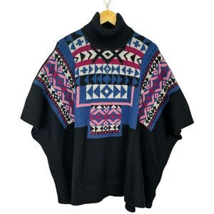 Cynthia Rowley Turtleneck Knit Poncho Women Medium Black Wool Aztec Southwestern